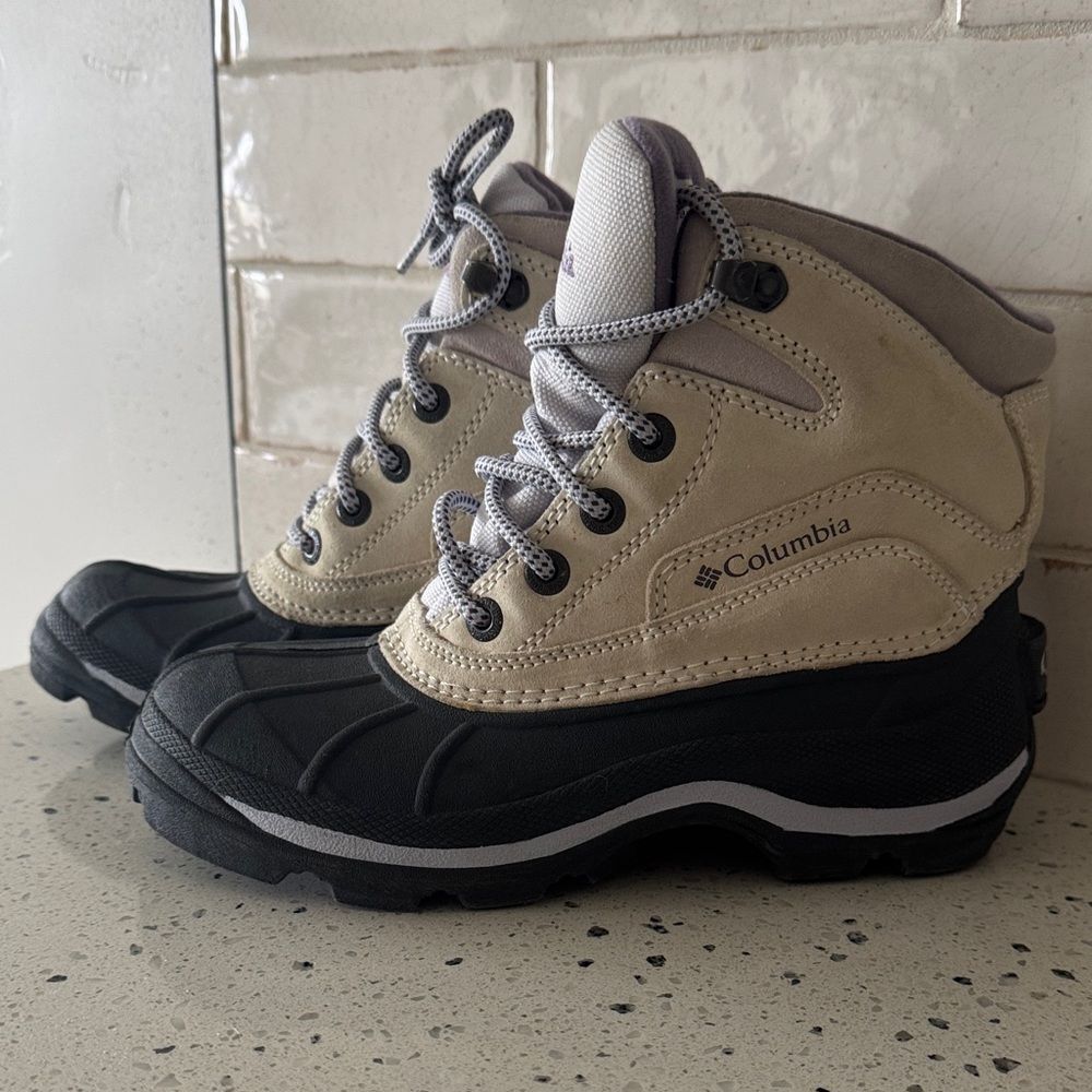 Columbia Snow King Women’s Leather Rubber Beige Gray Purple Snow Boots Size 6.5